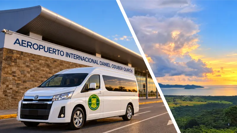 White transfer van outside Liberia Airport alongside a sunset view of Salinas Bay in La Cruz, Guanacaste.