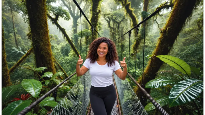 Joy smiling and giving two thumbs up on a bridge among moss-covered trees