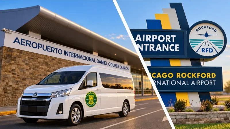 BestToursCR private van at Liberia Airport alongside Chicago Rockford International Airport entrance sign