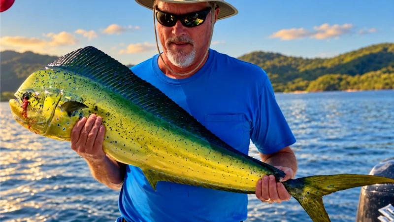 Angler in a blue shirt, hat and sunglasses holding a yellow-green mahi-mahi beside a fishing boat.